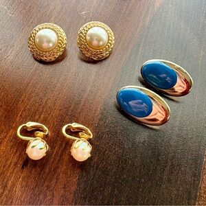 Set of 3 Vintage Gold‎ Tone, Faux Pearl & Enamel Clip On Earrings